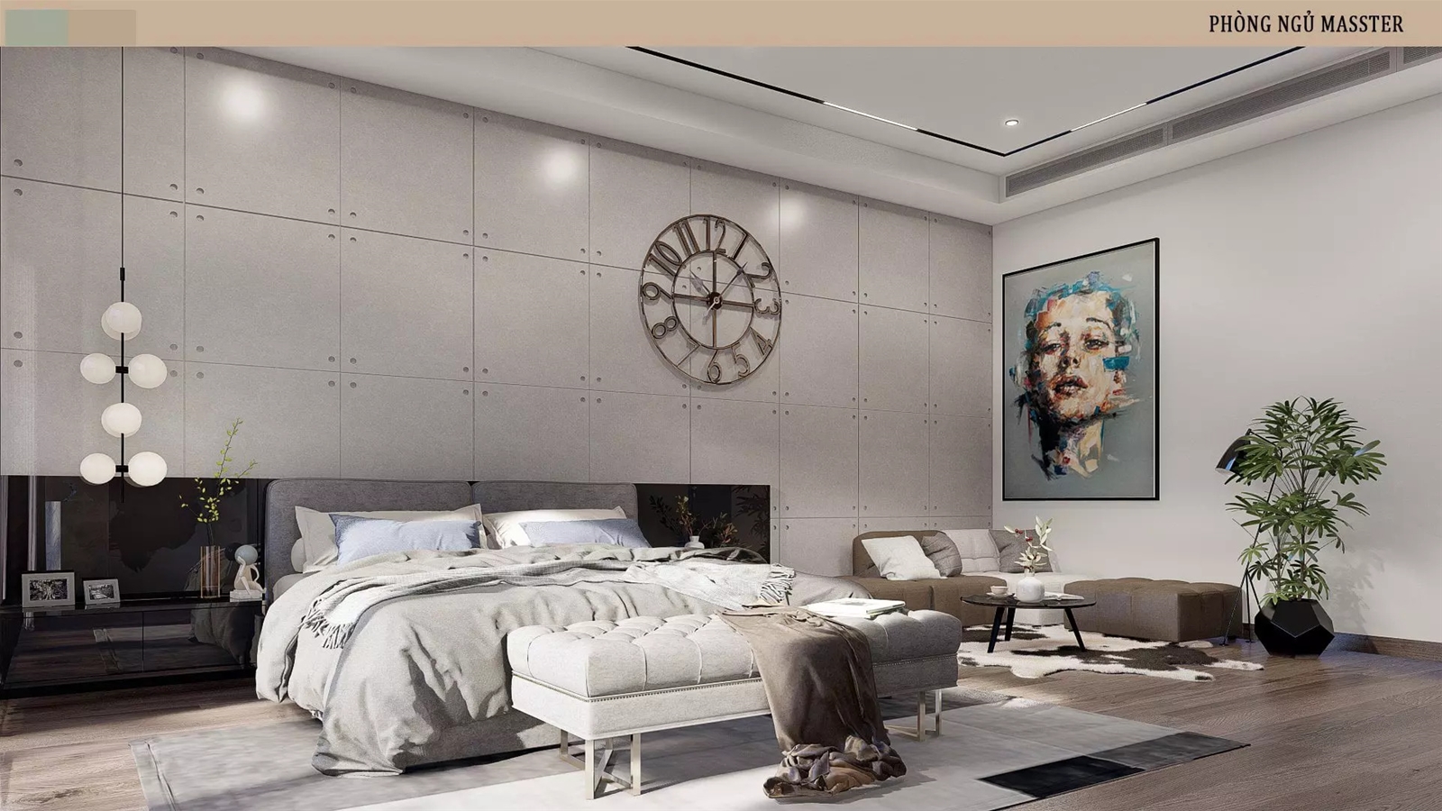 Phòng ngủ sang trọng, rộng rãi tạo hiệu ứng đặc biệt với các đồ decor nghệ thuật.