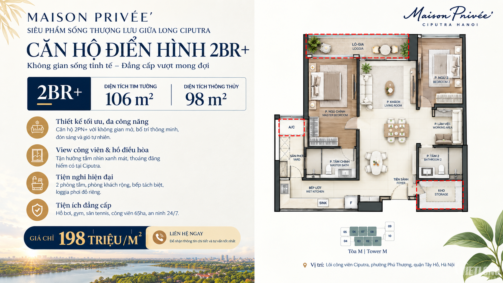 căn hộ 2PN+ sang trọng tiện nghi